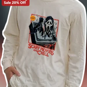 Scary Movies And Chill Long Sleeve Tee Ghostface Horror Movie Shirt For Halloween available at our Los Angeles warehouse