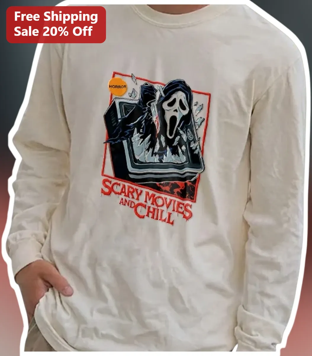 Scary Movies And Chill Long Sleeve Tee Ghostface Horror Movi — Los Angeles Scary Movies And Chill Long Sleeve Tee Ghostface Horror Movie Shirt For Halloween available at our Los Angeles warehouse