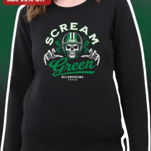 SCREAM Green HALLOWEENTOWN TEXAS Sweatshirt Vintage Distressed Skull Football Helmet Halloween Gift available at our Los Angeles warehouse