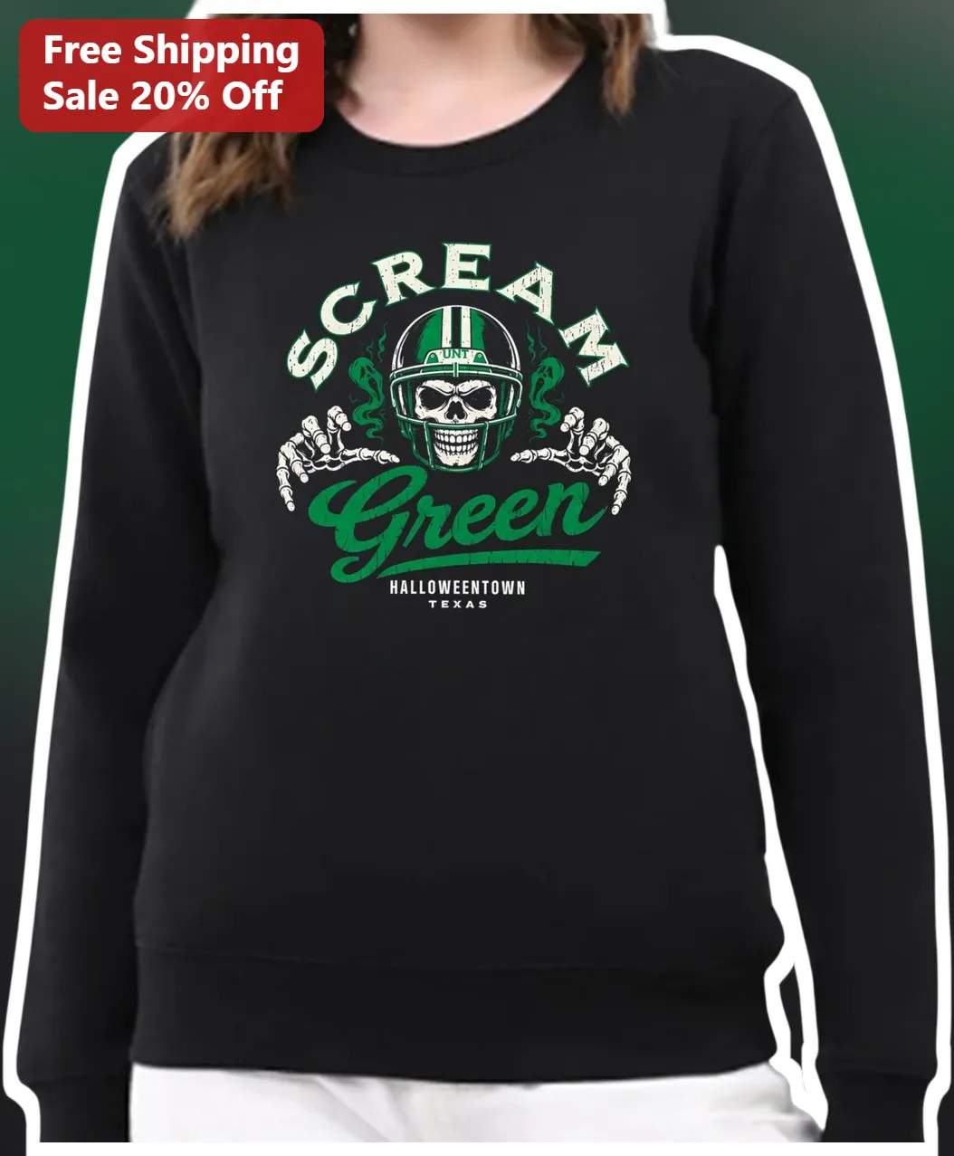 SCREAM Green HALLOWEENTOWN TEXAS Sweatshirt Vintage Distress — Los Angeles SCREAM Green HALLOWEENTOWN TEXAS Sweatshirt Vintage Distressed Skull Football Helmet Halloween Gift available at our Los Angeles warehouse