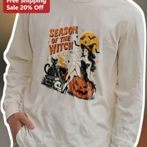 Season of the Witch Long Sleeve Tee Vintage Pin Up Halloween Shirt Spooky Season Gift available at our Los Angeles warehouse
