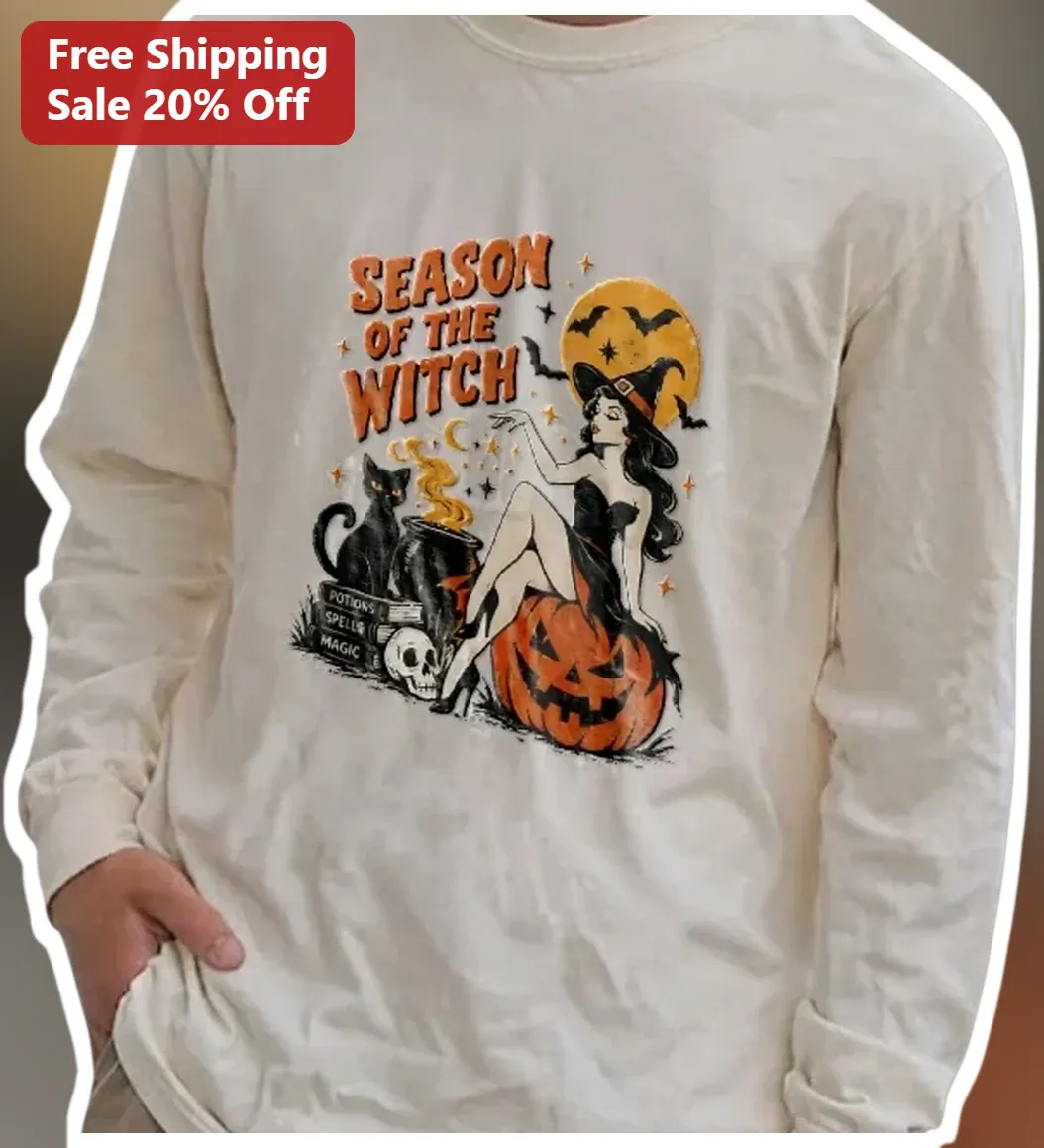 Season of the Witch Long Sleeve Tee Vintage Pin Up Halloween — Los Angeles Season of the Witch Long Sleeve Tee Vintage Pin Up Halloween Shirt Spooky Season Gift available at our Los Angeles warehouse