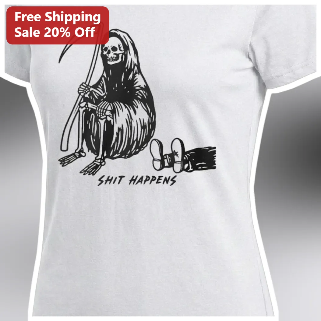 Shit Happens Grim Reaper Tee Funny Dark Humor Graphic T-Shir — Los Angeles Shit Happens Grim Reaper Tee Funny Dark Humor Graphic T-Shirt for Adults available at our Los Angeles warehouse