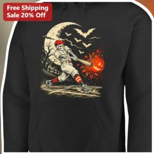 Skeleton Baseball Player Halloween Hoodie Vintage Spooky Jack O Lantern Costume Gift available at our Los Angeles warehouse