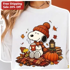 Snoopy Sweatshirt Fall Cozy Peanuts Woodstock Autumn Graphic Crewneck for Women Men available at our Los Angeles warehouse