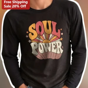 Soul Power Long Sleeve Shirt Retro 70s Vintage Sunburst Graphic Tee available at our Los Angeles warehouse