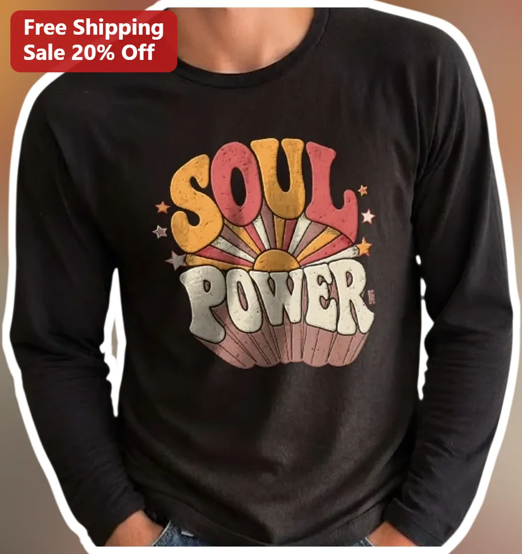 Soul Power Long Sleeve Shirt Retro 70s Vintage Sunburst Graphic Tee available at our Los Angeles warehouse