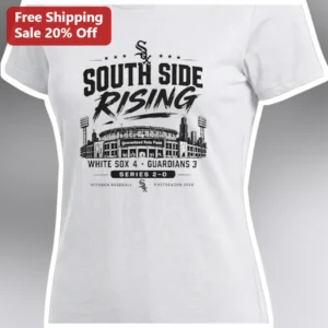 South Side Rising White Sox 4 Guardians 3 Series 2-0 Tee available at our Los Angeles warehouse