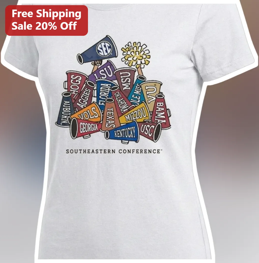 Southeastern Conference SEC Megaphones Pom Poms Graphic Tee — Los Angeles Southeastern Conference SEC Megaphones Pom Poms Graphic Tee for Women College Football Fans available at our Los Angeles warehouse