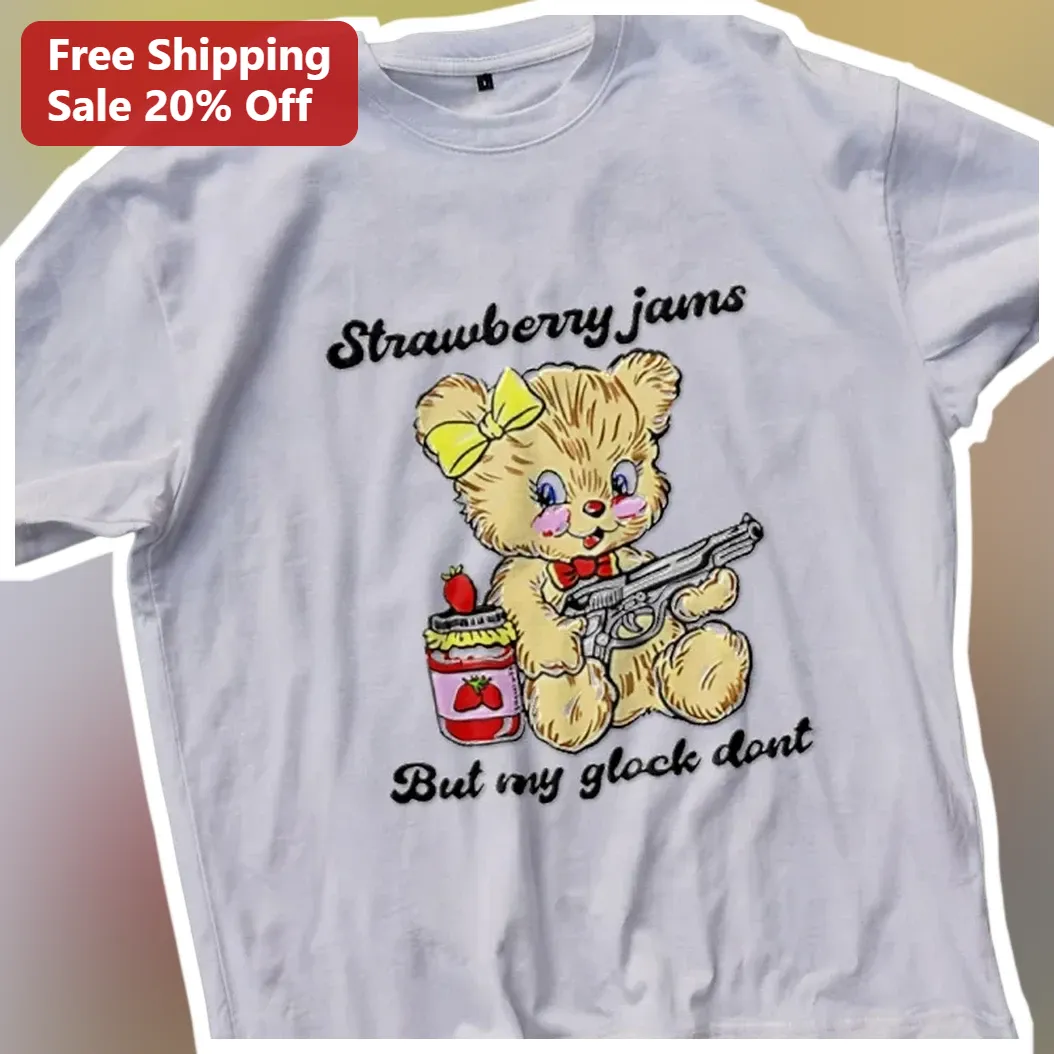 Strawberry Jams But My Glock Don't Funny Meme Graphic Tee Cu — Los Angeles Strawberry Jams But My Glock Don't Funny Meme Graphic Tee Cute Bear Retro Cartoon Shirt available at our Los Angeles warehouse