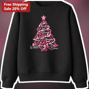 Strength Warrior Believe Pink Ribbon Christmas Tree Sweatshirt Breast Cancer Awareness Holiday Gift available at our Los Angeles warehouse