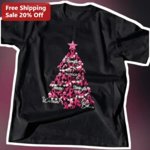 Strength Warrior Believe Pink Ribbon Christmas Tree Tee Breast Cancer Awareness Holiday Gift available at our Los Angeles warehouse