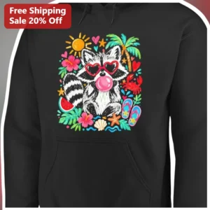 Summer Beach Raccoon Hoodie Funny Tropical Vacation Graphic Pullover for Women Men available at our Los Angeles warehouse
