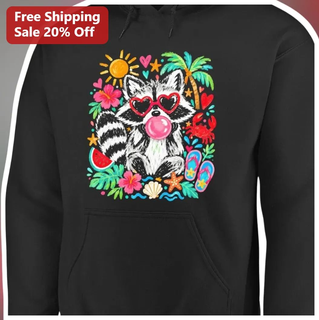 Summer Beach Raccoon Hoodie Funny Tropical Vacation Graphic — Los Angeles Summer Beach Raccoon Hoodie Funny Tropical Vacation Graphic Pullover for Women Men available at our Los Angeles warehouse