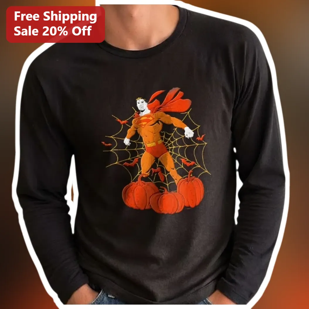 Superman Long Sleeve Tee Halloween Pumpkin Patch Hero Graphic Shirt for Men Women Comic Fans available at our Los Angeles warehouse