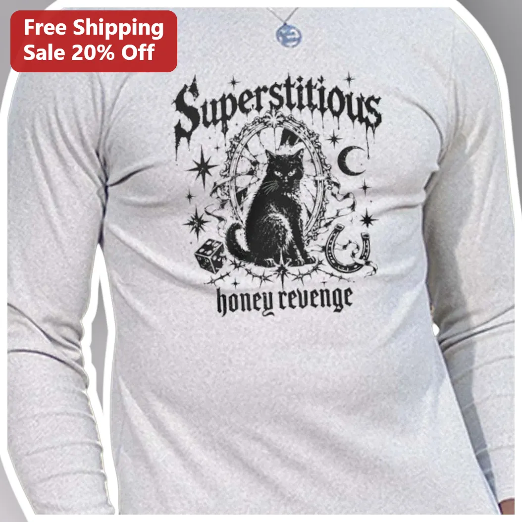 Superstitious Honey Revenge Long Sleeve Shirt Gothic Black Cat Witchy Mystical Apparel available at our Los Angeles warehouse