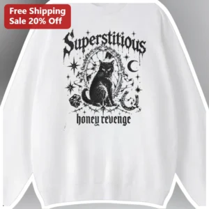 Superstitious Honey Revenge Sweatshirt Black Cat Gothic Witchy Vintage Graphic Crewneck available at our Los Angeles warehouse