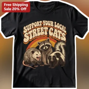 Support Your Local Street Cats Tee Retro Opossum Raccoon Skunk Graphic Shirt available at our Los Angeles warehouse