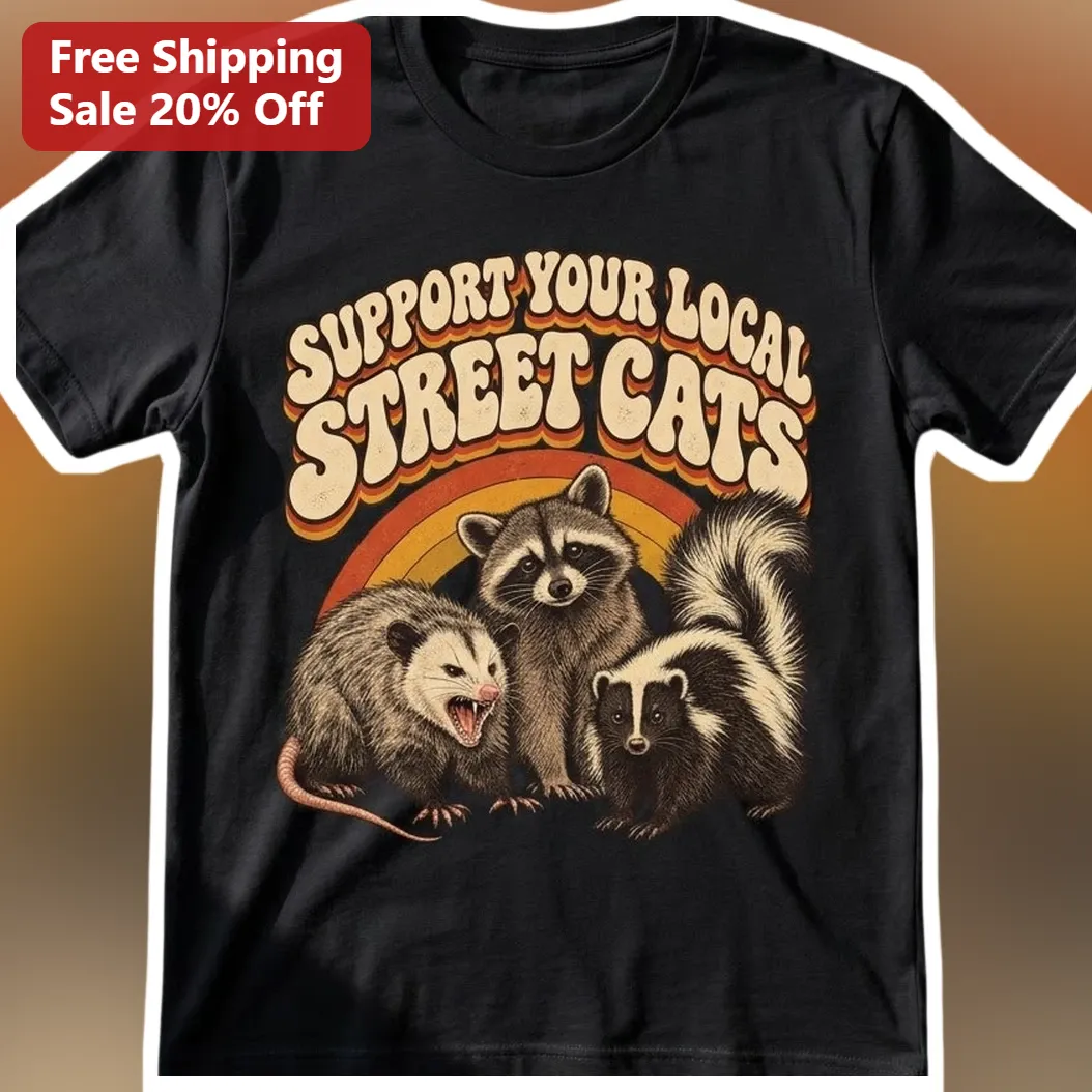 Support Your Local Street Cats Tee Retro Opossum Raccoon Sku — Los Angeles Support Your Local Street Cats Tee Retro Opossum Raccoon Skunk Graphic Shirt available at our Los Angeles warehouse