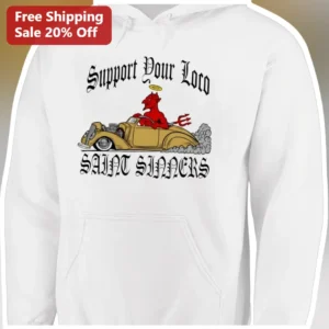 Support Your Loco Saint Sinners Hoodie Vintage Hot Rod Devil Graphic Pullover available at our Los Angeles warehouse