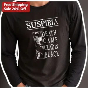 Suspiria Death Came Clad in Black Long Sleeve Tee Dario Argento Horror Movie Merch available at our Los Angeles warehouse