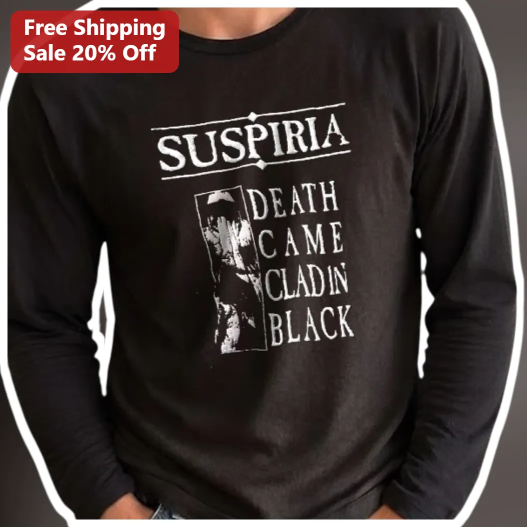 Suspiria Death Came Clad in Black Long Sleeve Tee Dario Arge — Los Angeles Suspiria Death Came Clad in Black Long Sleeve Tee Dario Argento Horror Movie Merch available at our Los Angeles warehouse