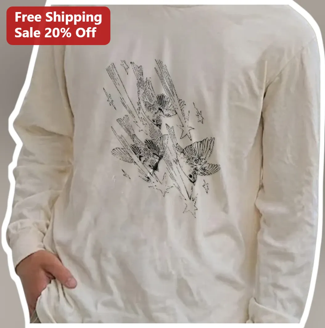 Birds and Shooting Stars Line Art Long Sleeve Tee Minimalist — Los Angeles Birds and Shooting Stars Line Art Long Sleeve Tee Minimalist Celestial Nature Apparel for Stargazers available at our Los Angeles warehouse