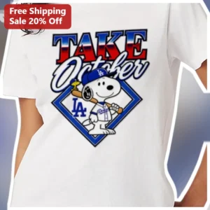 Take October Snoopy LA Dodgers Baseball Graphic Tee available at our Los Angeles warehouse