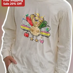 Teacher Turkey with School Supplies Tail Feathers Long Sleeve Tee Cute Thanksgiving Gift for Educato available at our Los Angeles warehouse