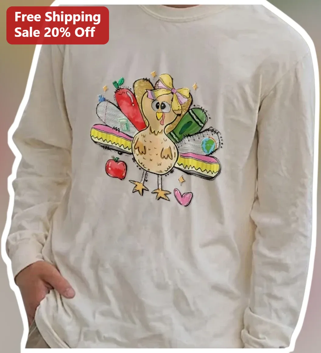 Teacher Turkey with School Supplies Tail Feathers Long Sleeve Tee Cute Thanksgiving Gift for Educato available at our Los Angeles warehouse
