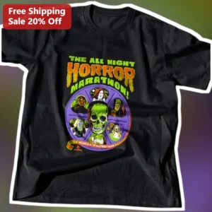 The All Night Horror Marathon Hollywood Theatre Tee Vintage Retro Monster Movie Shirt Halloween Gift available at our Los Angeles warehouse