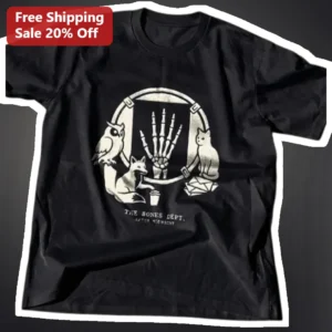 The Bones Dept. After Midnight Tee Gothic Skeleton Hand Owl Fox Cat Graphic Shirt Indie Rock Band Me available at our Los Angeles warehouse