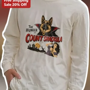 The Hunger of Count Snackula Long Sleeve Tee Funny German Shepherd Vampire Halloween Gift available at our Los Angeles warehouse