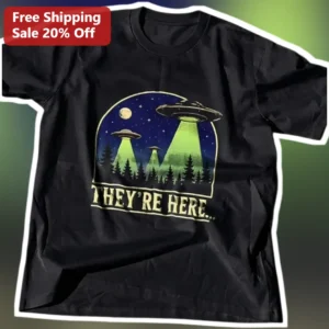 They're Here Retro UFO Alien Abduction Graphic Tee Vintage Sci-Fi Horror Shirt for Men Women available at our Los Angeles warehouse