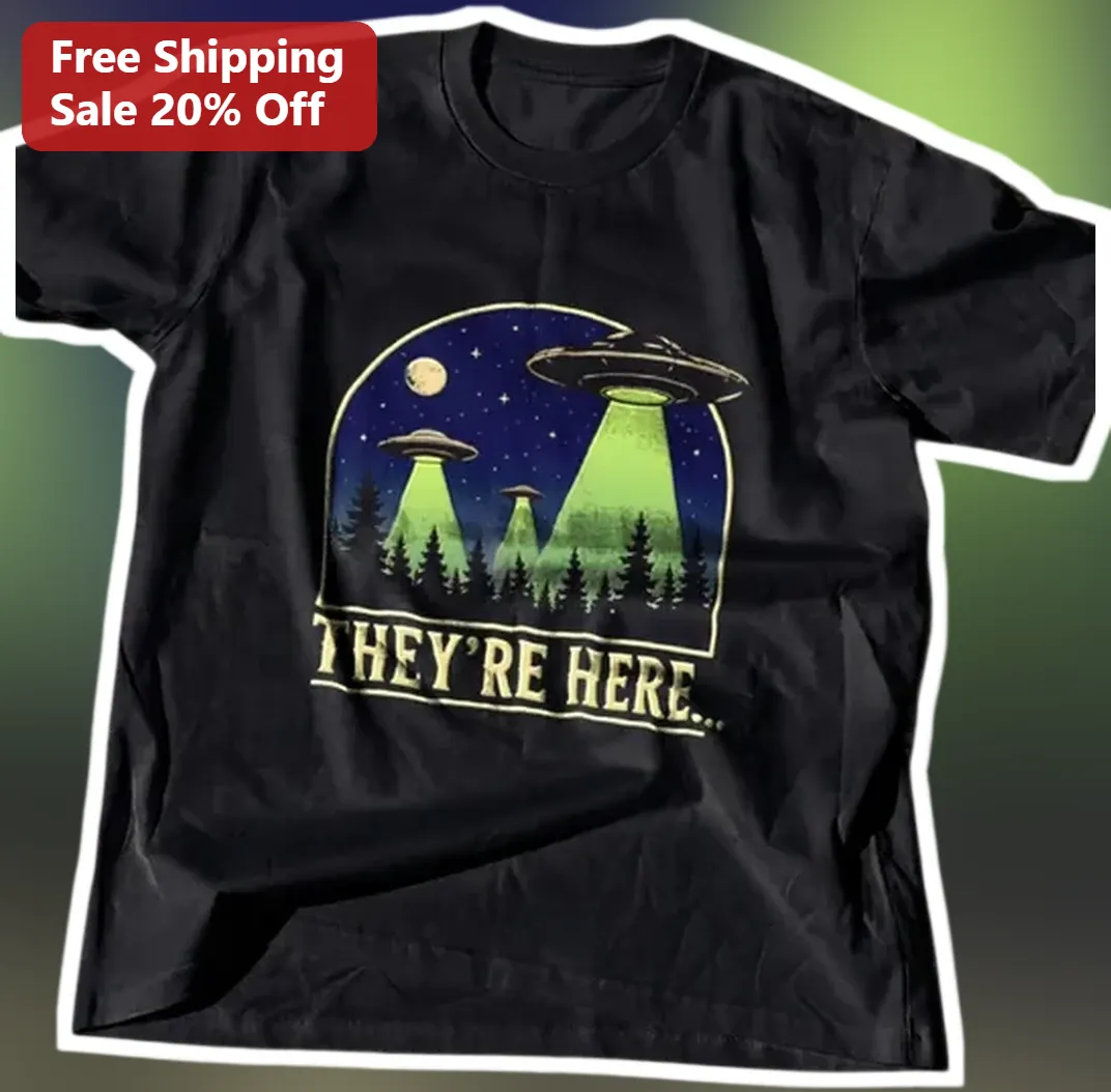 They're Here Retro UFO Alien Abduction Graphic Tee Vintage S — Los Angeles They're Here Retro UFO Alien Abduction Graphic Tee Vintage Sci-Fi Horror Shirt for Men Women available at our Los Angeles warehouse