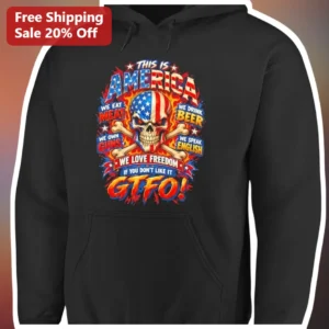 This Is America We Eat Meat We Drink Beer We Own Guns Hoodie Patriotic Freedom Slogan Skull Graphic available at our Los Angeles warehouse