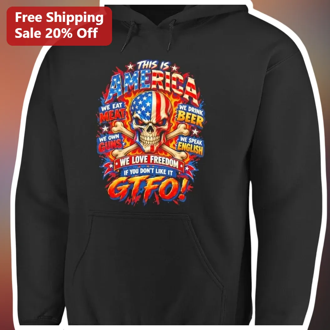This Is America We Eat Meat We Drink Beer We Own Guns Hoodie — Los Angeles This Is America We Eat Meat We Drink Beer We Own Guns Hoodie Patriotic Freedom Slogan Skull Graphic available at our Los Angeles warehouse