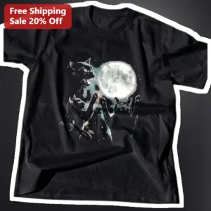 Three Black Cats Howling at Moon Tee Gothic Witchy Cat Lover Shirt Halloween Gift available at our Los Angeles warehouse