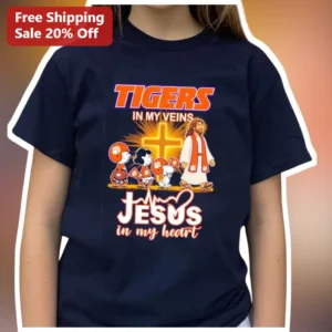Tigers in My Veins Jesus in My Heart Christian Football Tee Clemson Tigers Fan Gift available at our Los Angeles warehouse