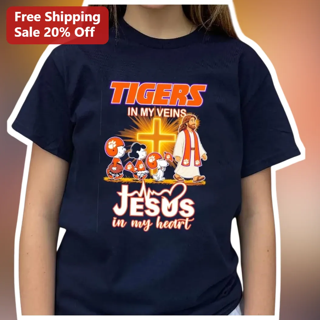 Tigers in My Veins Jesus in My Heart Christian Football Tee Clemson Tigers Fan Gift available at our Los Angeles warehouse