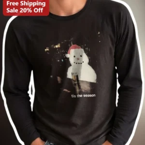 Tis The Season Funny Drunk Snowman Christmas Long Sleeve Tee available at our Los Angeles warehouse