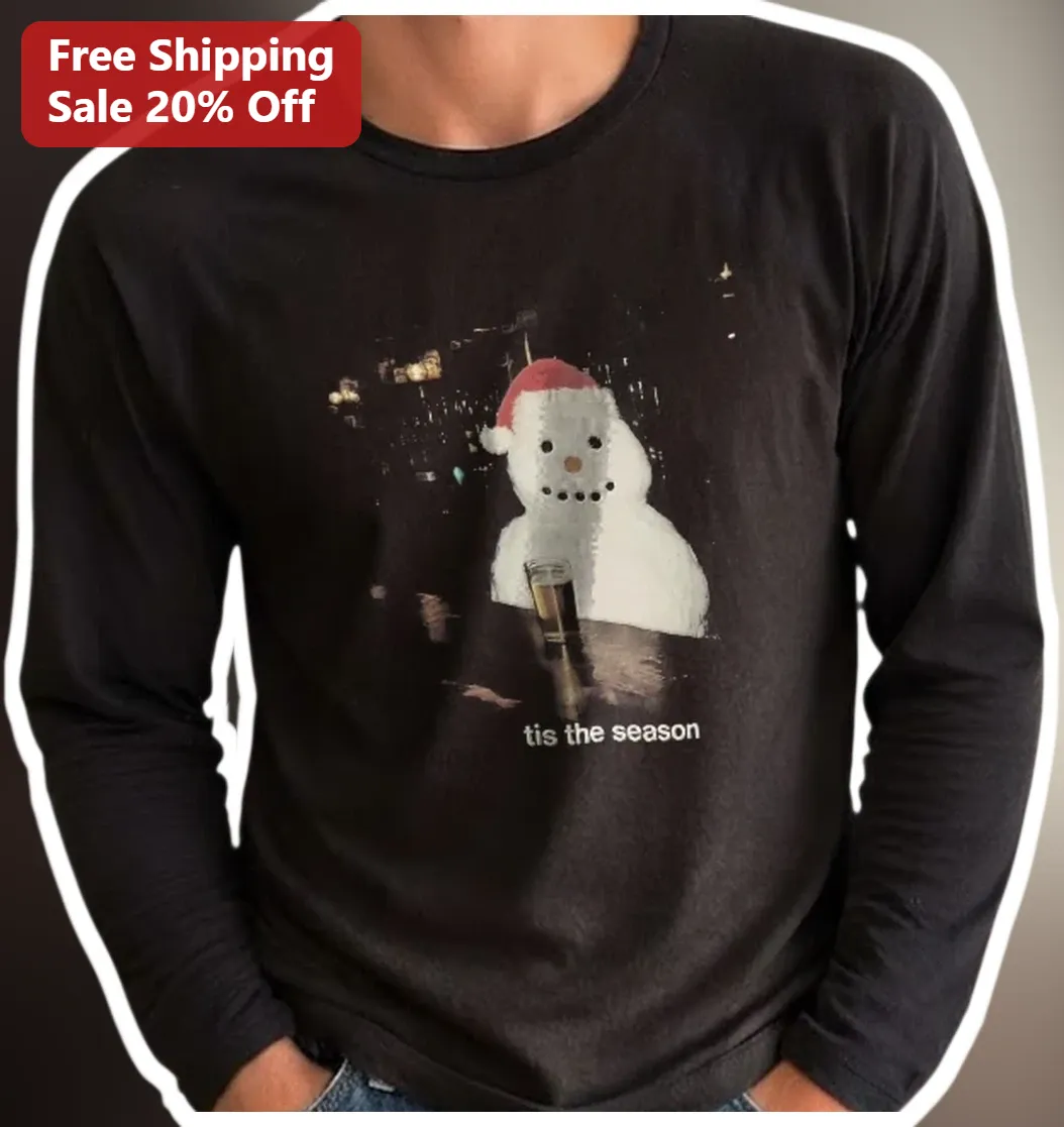 Tis The Season Funny Drunk Snowman Christmas Long Sleeve Tee available at our Los Angeles warehouse