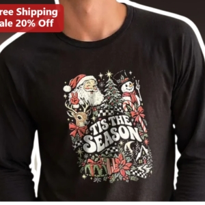 'TIS THE SEASON Vintage Christmas Long Sleeve Tee Funny Santa Snowman Reindeer Holiday Gift available at our Los Angeles warehouse