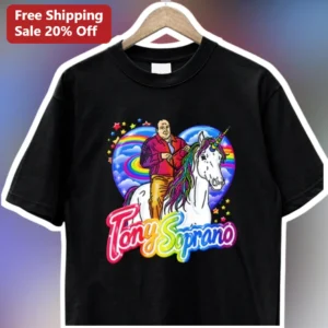 Tony Soprano Riding Unicorn Graphic Tee Funny Sopranos Pop Culture Shirt available at our Los Angeles warehouse