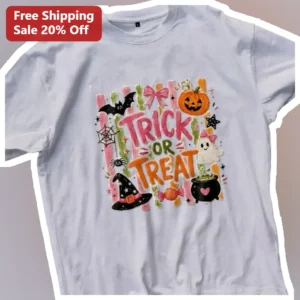 Trick or Treat Cute Halloween Graphic Tee for Women Kids Teens available at our Los Angeles warehouse