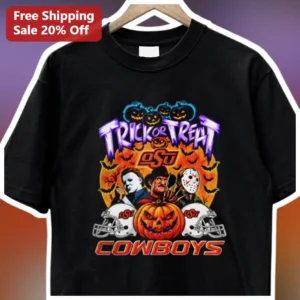 Trick or Treat OSU Cowboys Halloween Graphic Tee Oklahoma State University Horror Movie Villains Shi available at our Los Angeles warehouse