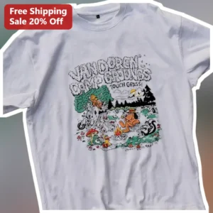 Vandbren Camp Grounds Touch Grass! Funny Camping Cartoon Graphic Tee available at our Los Angeles warehouse