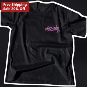 Vice City Tee GTA Retro Gaming Vaporwave Neon Pink Minimalist Shirt for Men available at our Los Angeles warehouse