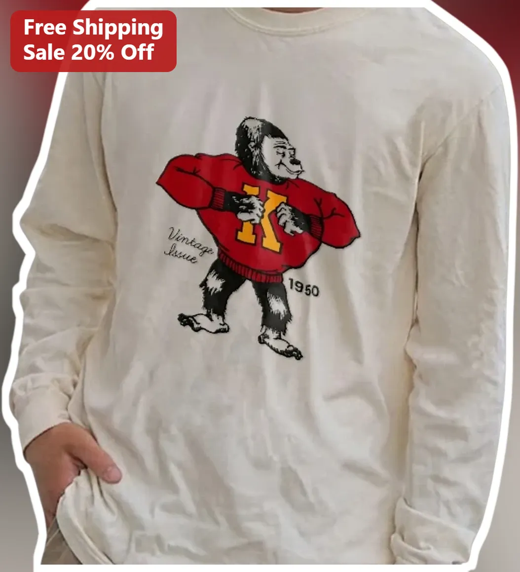 Vintage Issue Long Sleeve Tee Retro Collegiate Gorilla Mascot Graphic Shirt available at our Los Angeles warehouse