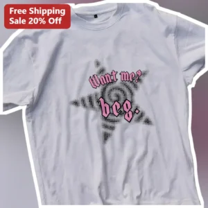 Want Me? Beg. Y2K Gothic Graphic Tee Edgy Pink Halftone Star Shirt available at our Los Angeles warehouse